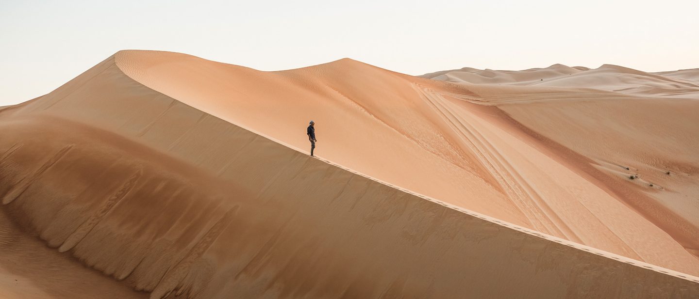 A person standing on the ridge of a high sand dune in a vast desert landscape