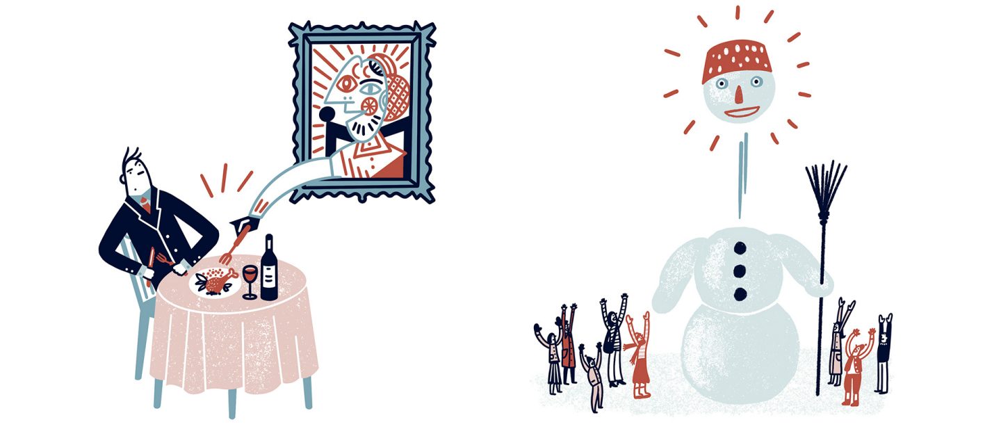 Two illustrations: on the left, an arm reaches out of a painting to grab a man's food in a restaurant; on the right, an exploding snowman with cheering people.