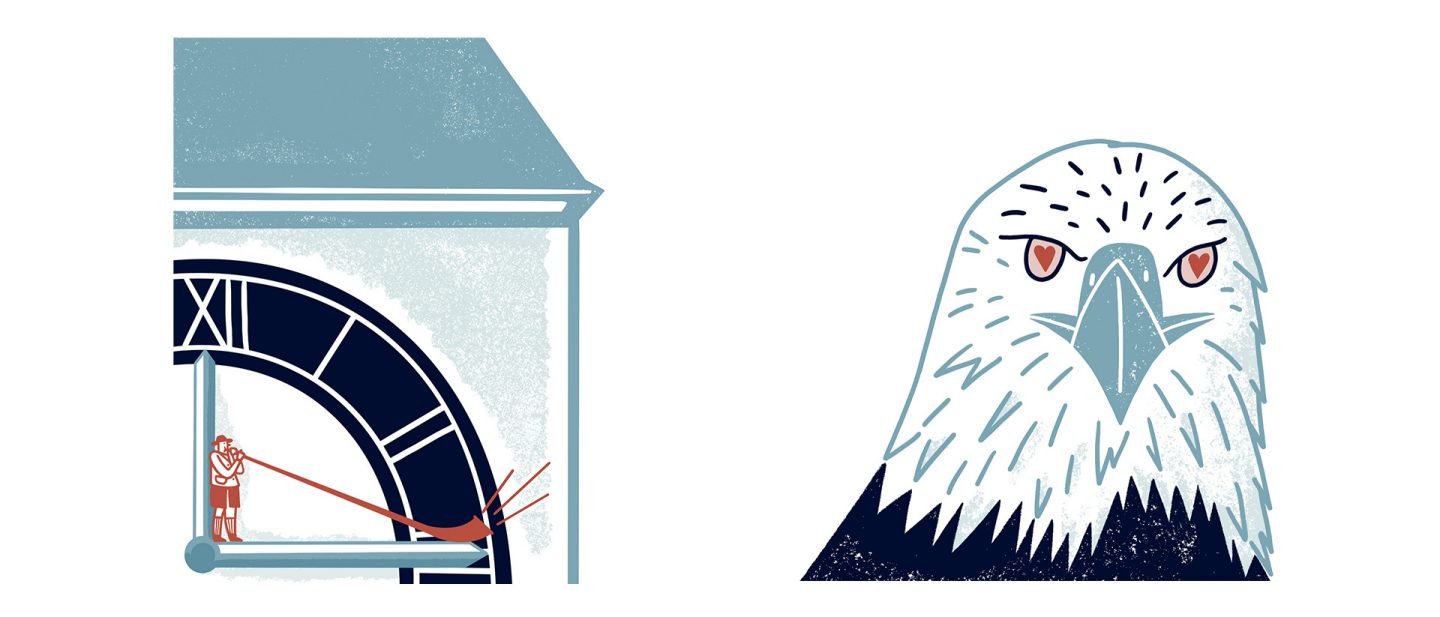 Two illustrations: on the left, a man in traditional clothing stands on the hand of a giant clock and plays an alphorn; on the right, a stylized eagle head with hearts in its eyes.