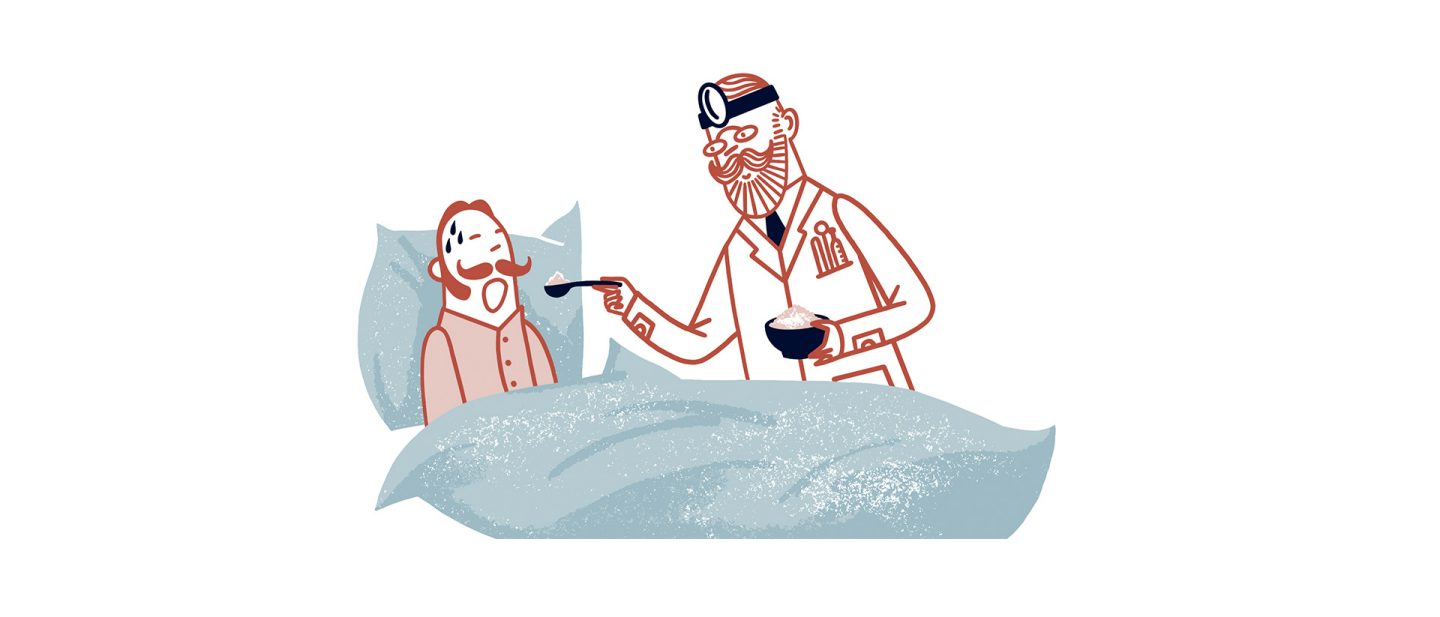 Illustration of a doctor feeding a patient muesli