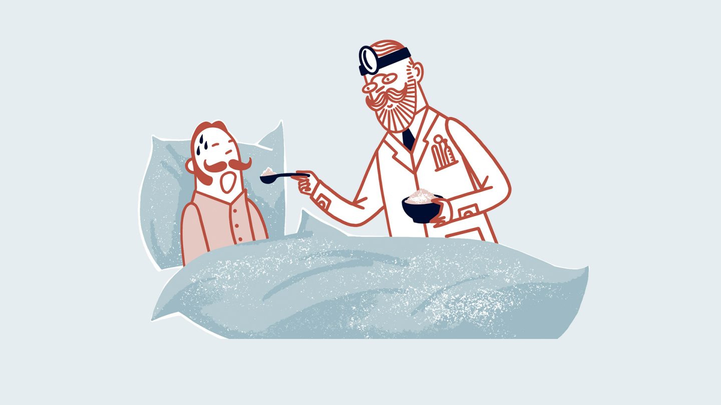 Illustration of a doctor feeding a patient muesli