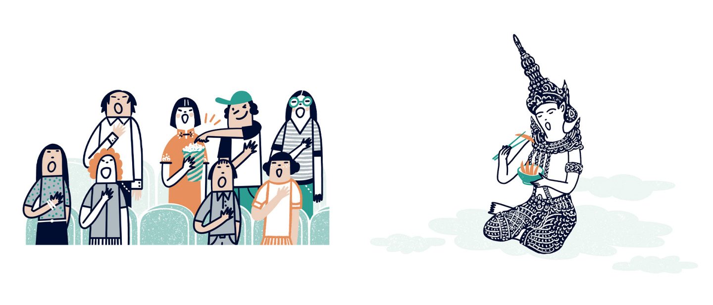 Left: Illustration of a group of enthusiastic spectators with popcorn in a movie theater Right:  Illustration of a Thai person in traditional dress who is eating