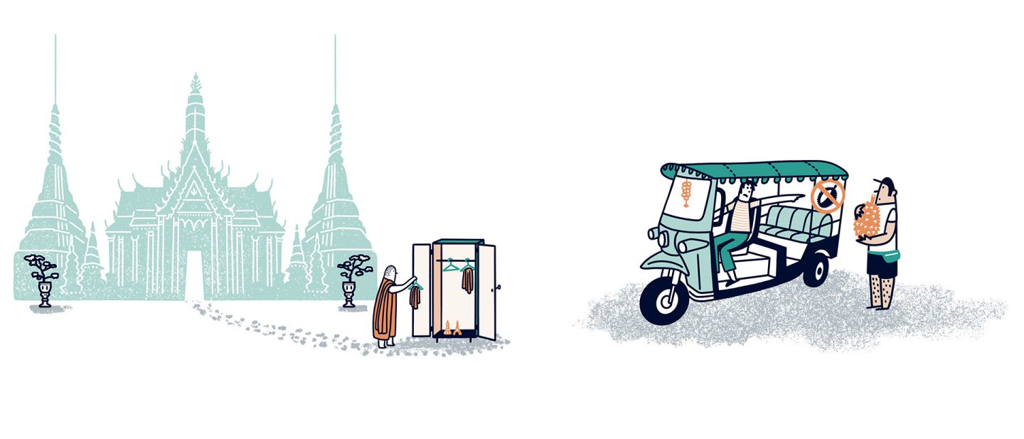 Left: A monk is shown selecting clothes in front of a Buddhist temple Right: A tuk-tuk driver stops a passenger from bringing a durian fruit along