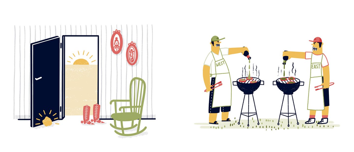 Left: Illustration of a living room with an open door and slippers in the sunlight; Right: Two men grilling at two barbecues