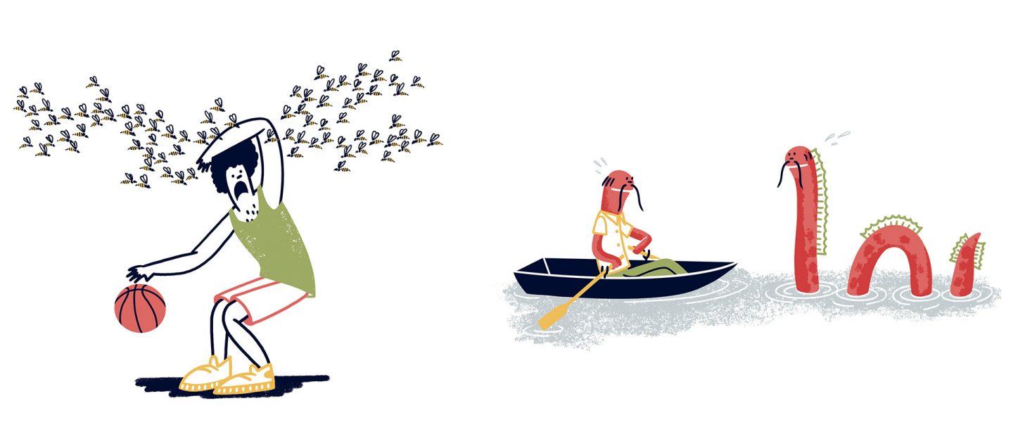 Left: Illustration of a basketball player swarmed by hornets; Right: Walrus in a rowboat encounters a red sea monster