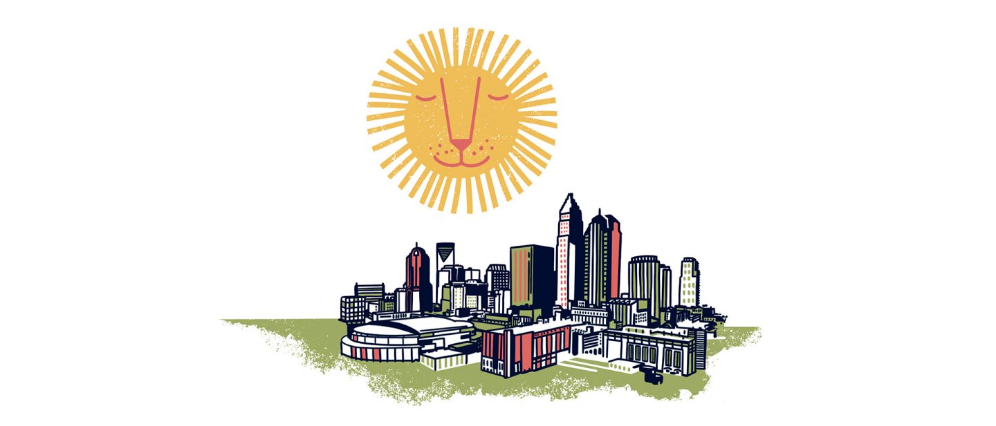 Illustration of the Charlotte city skyline with a lion-faced sun above it