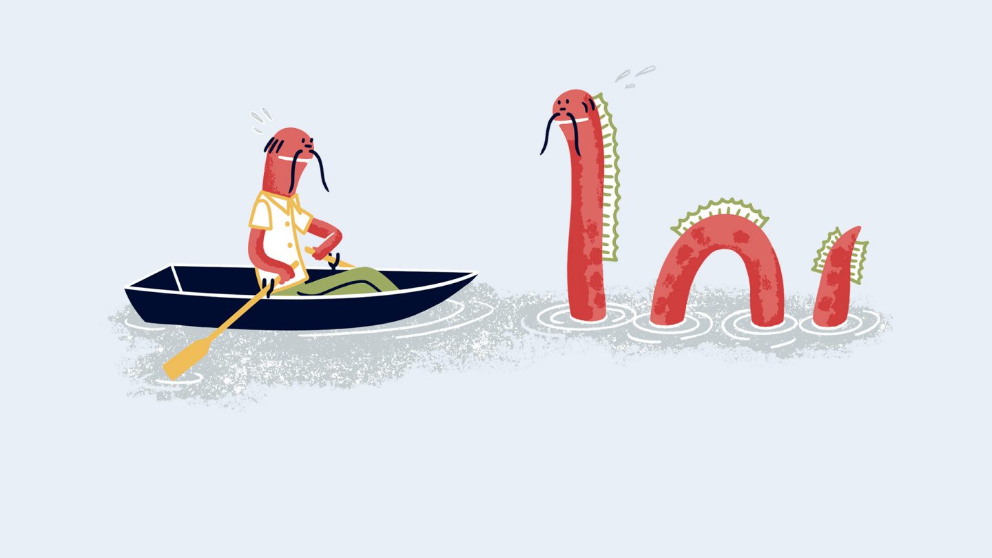 Illustration of a walrus in a rowboat encountering a red sea monster