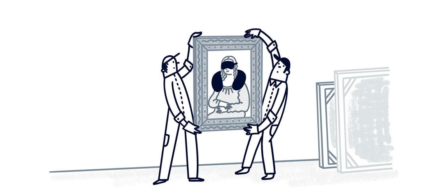 Illustration of two workers hanging a framed Mona Lisa painting with a neck pillow and eye mask on a white background.