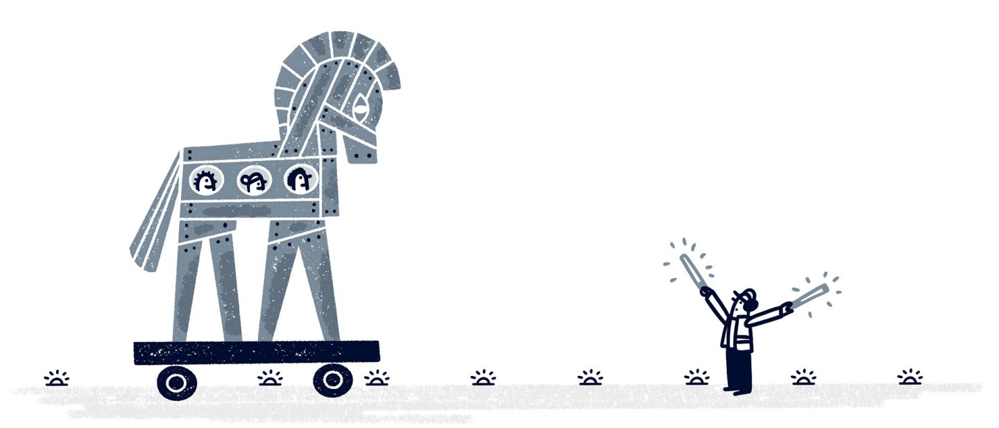 Illustration of a worker guiding a large wooden Trojan horse using light batons on a white background.
