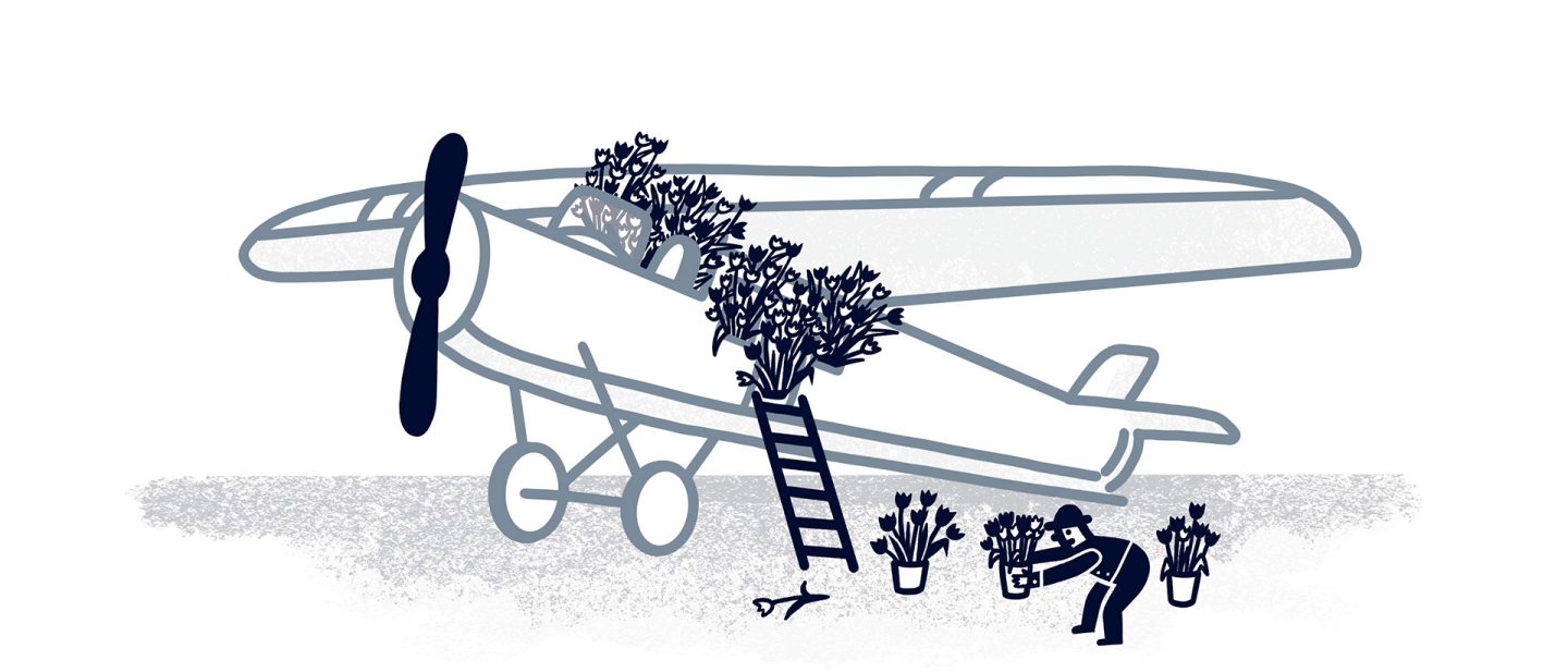 Illustration of a person loading potted flowers into a vintage airplane using a ladder on a white background.