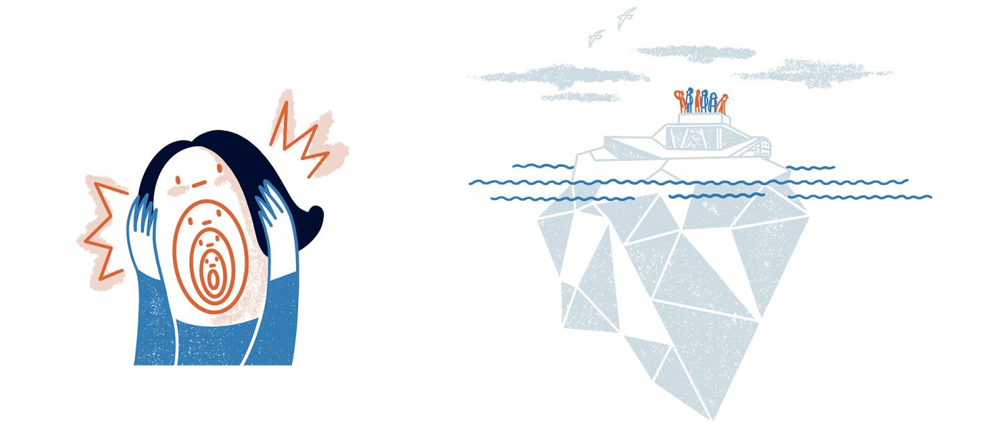 Left: Illustration of a figure holding their head with both hands and screaming  Right: Illustration of a large iceberg with a group of people standing on top