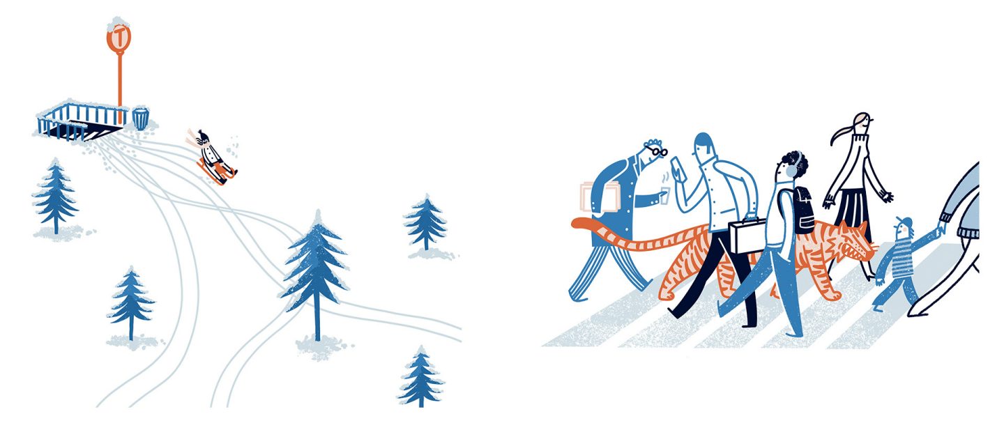Left: Sledder exits subway into snowy landscape; Right: Pedestrians with a tiger cross a crosswalk