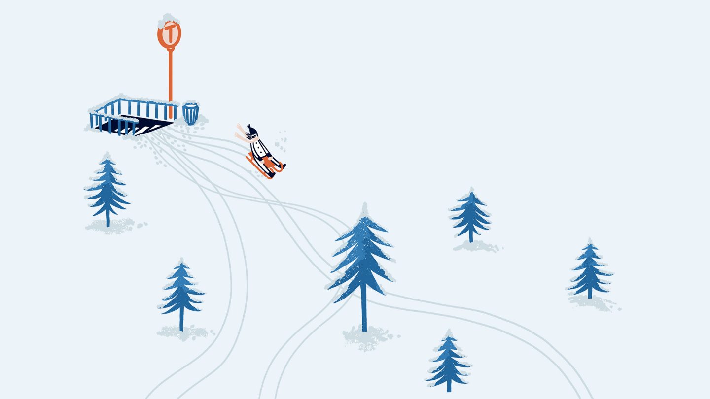 Illustration of a sledder sliding out of a subway entrance into a snowy landscape