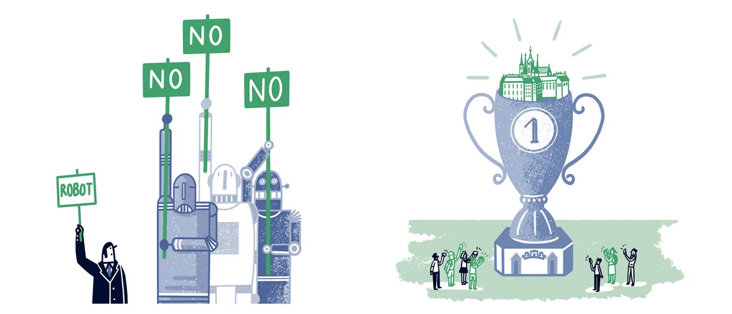  Illustration: robots protest for rights; people win a trophy with a city on top.