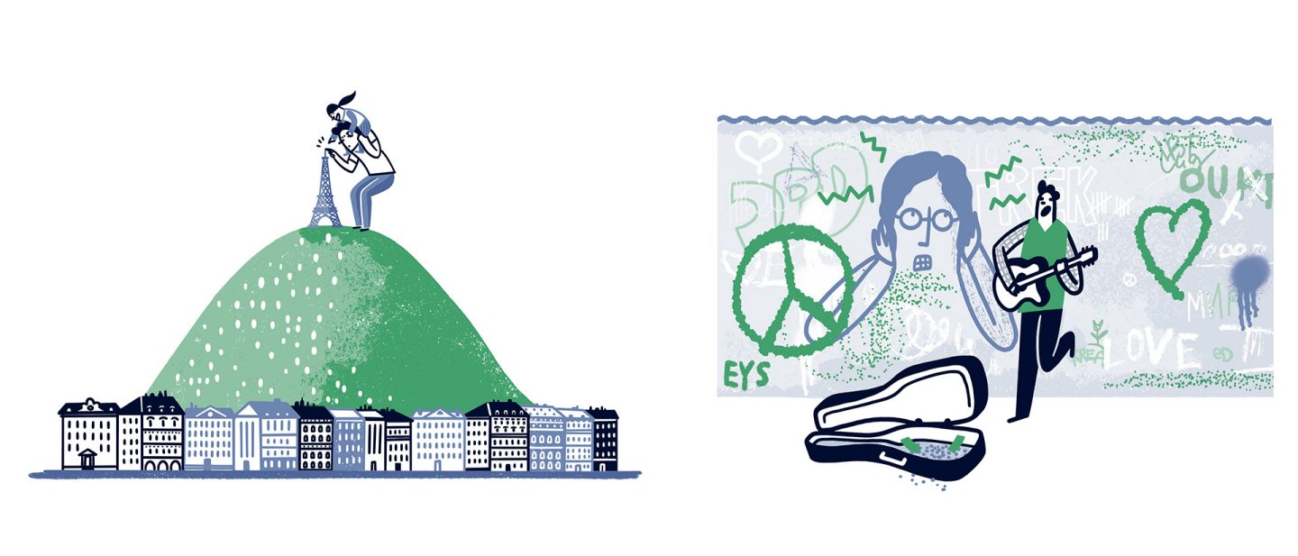  Illustration: a person with binoculars on Petřín Hill; a musician by Lennon Wall in Prague.
