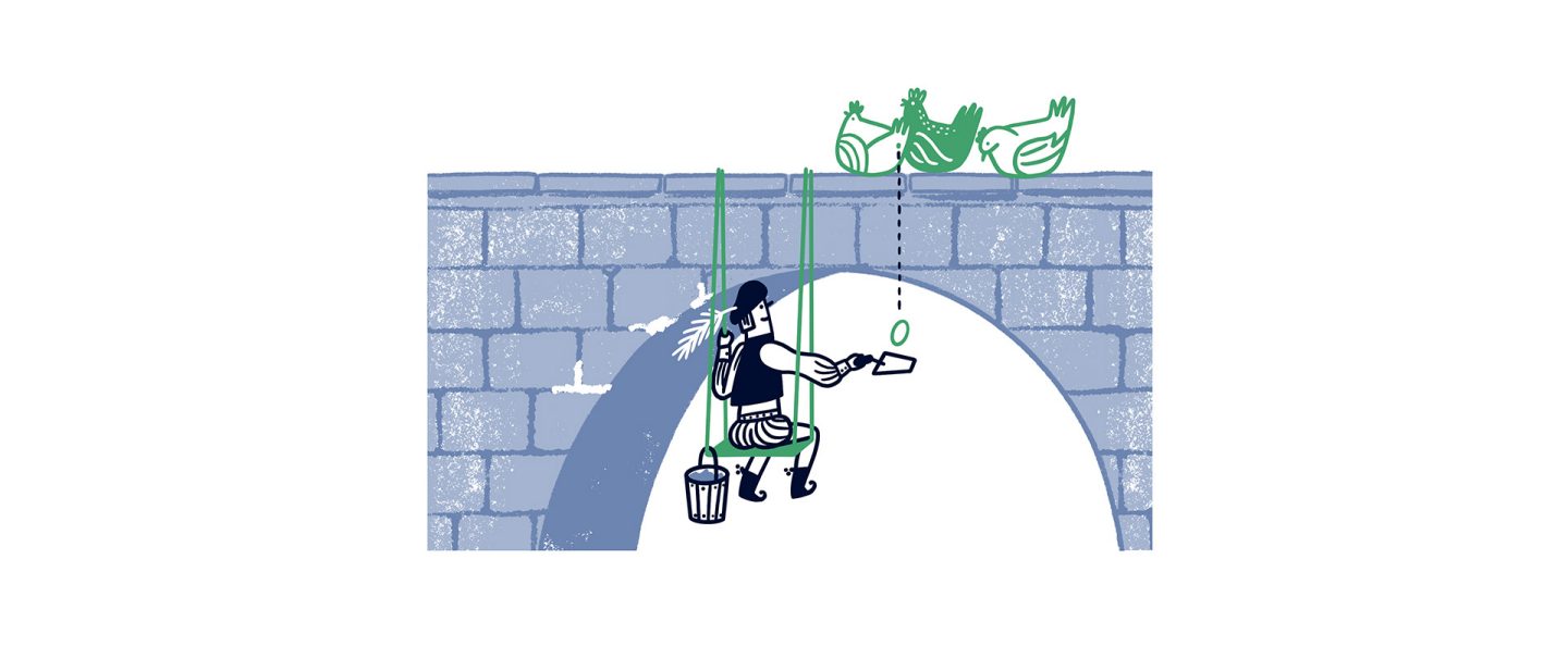  Illustration: a worker plasters Charles Bridge, while chickens deliver eggs as a building aid.