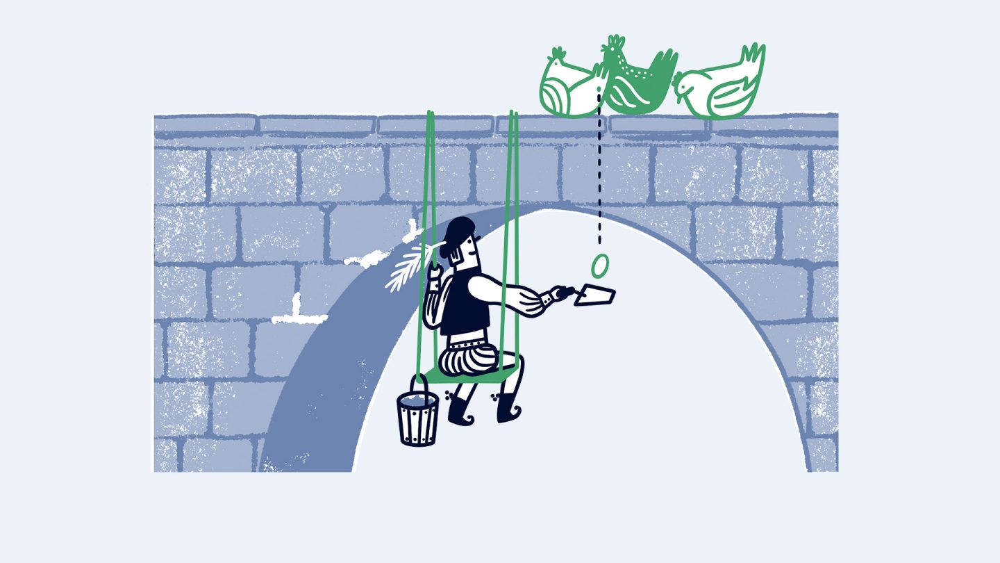  Illustration: a worker plasters Charles Bridge, while chickens deliver eggs as a building aid