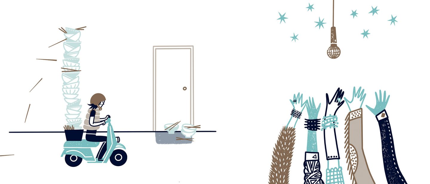 Illustration: left: food delivery with porcelain at the doorstep Right: many hands reaching for a K-pop microphone