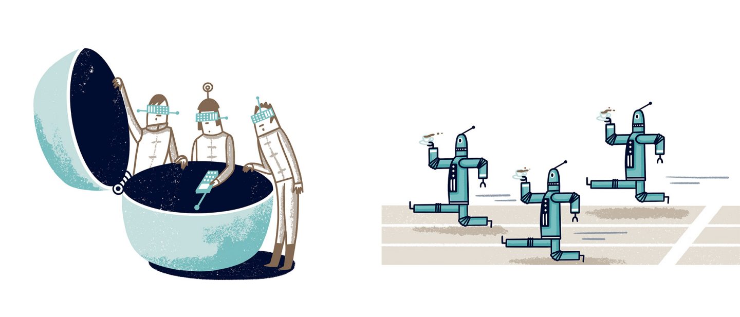 Illustration: left: three figures open Seoul's time capsule Right: barista robots rushing