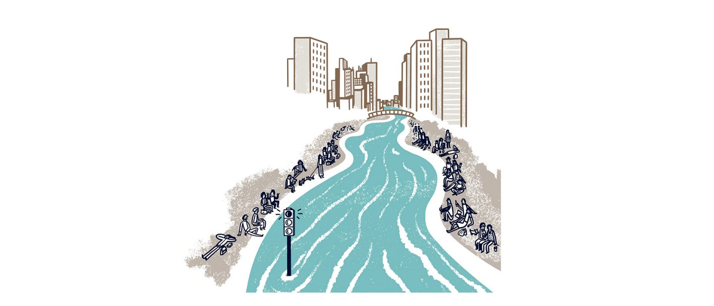 Illustration: the restored Cheonggyecheon Stream flows through Seoul, surrounded by high-rises and walking paths