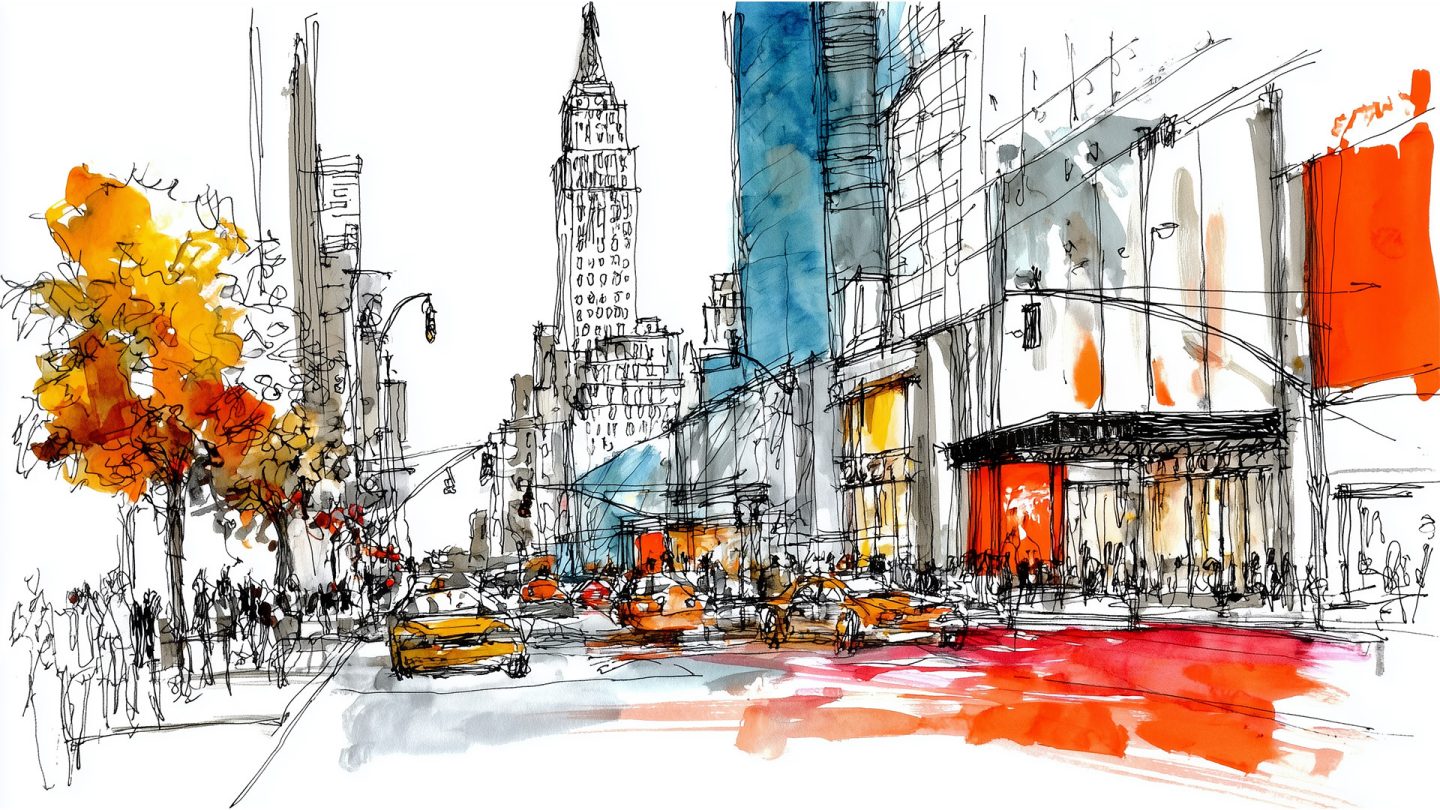 Illustration of a bustling Manhattan street scene with yellow cabs, skyscrapers, and autumn trees.