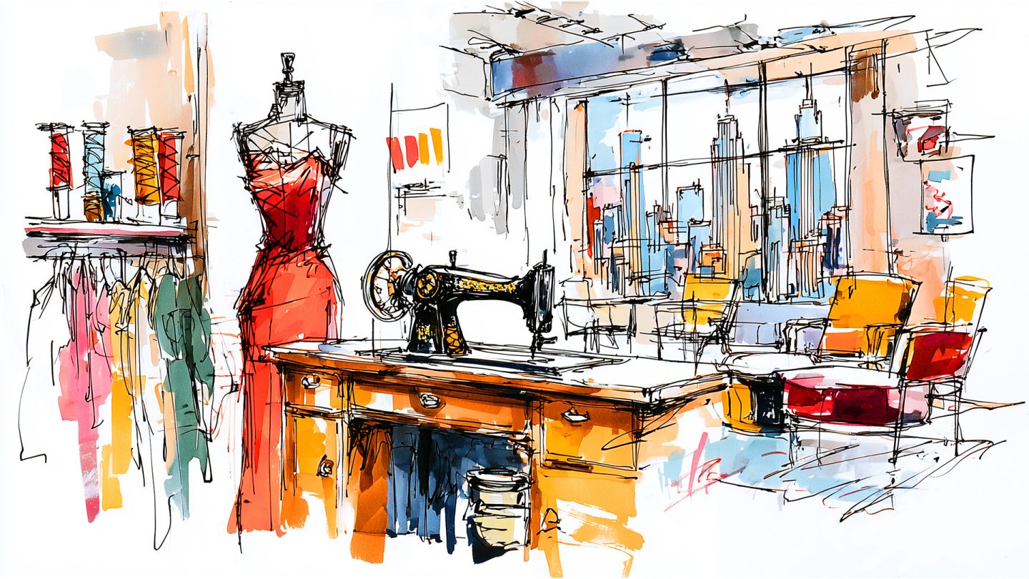 Illustration of a fashion studio in the Garment District with an antique sewing machine, dress form, and colorful fabrics.