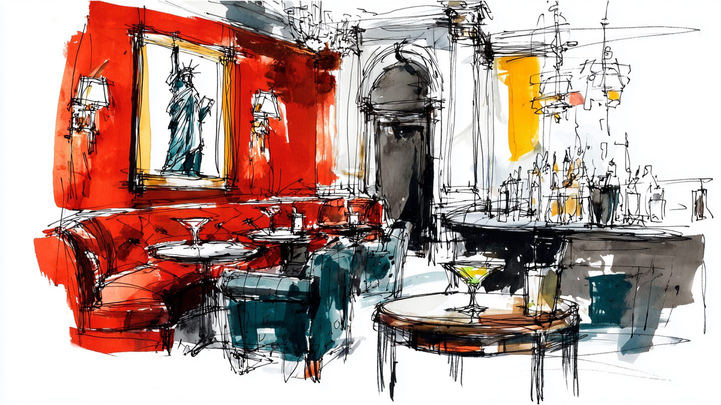 Illustration of an elegant bar with red interior, martini glasses, and a painting of the Statue of Liberty.