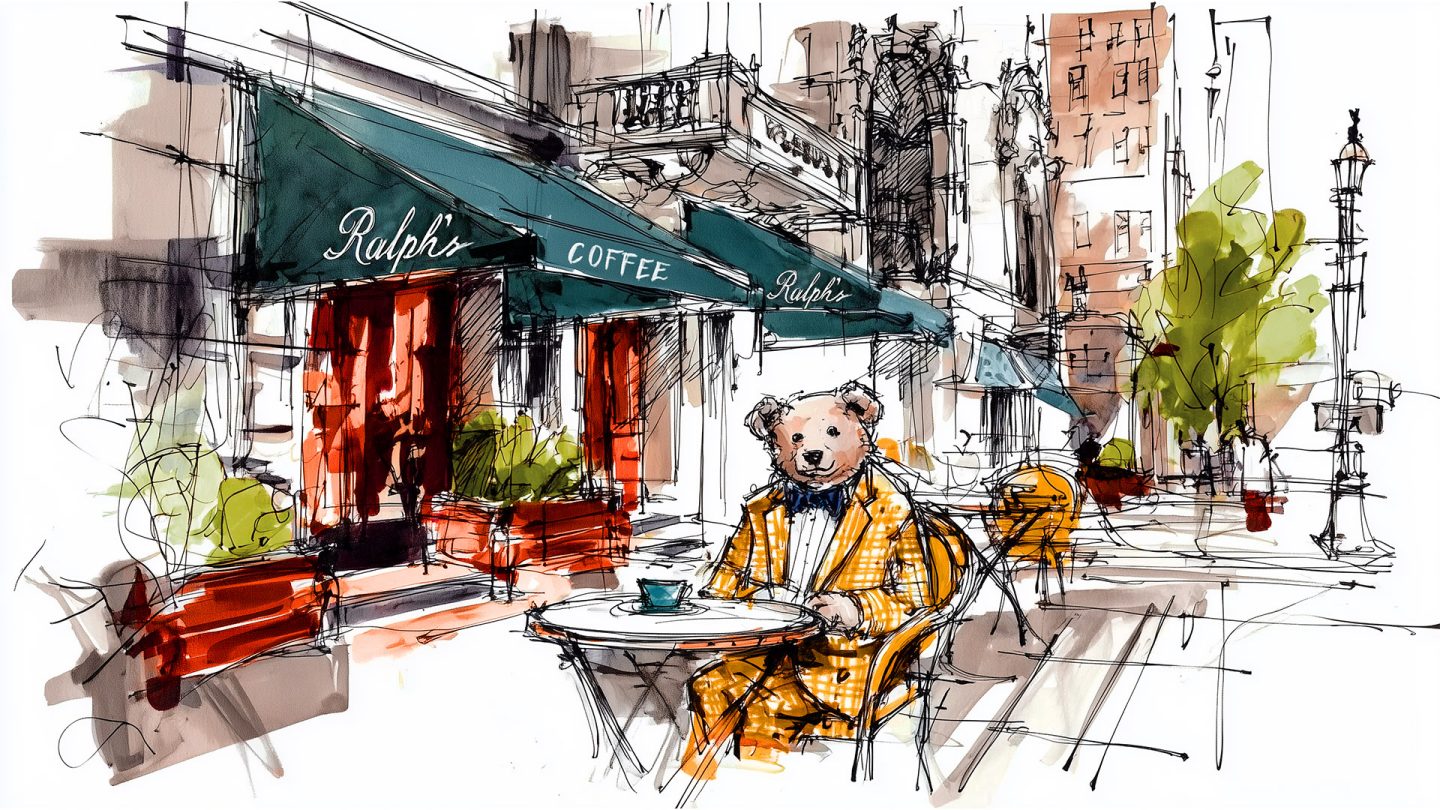 Playful illustration of a bear in a checkered suit enjoying coffee outside Ralph’s Coffee in Manhattan.
