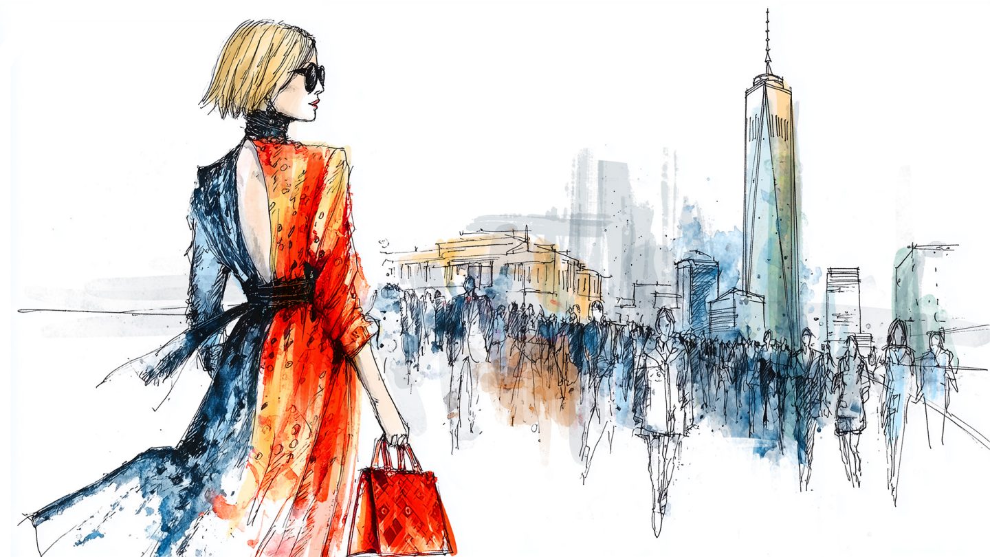 Illustration of a stylish woman in a red dress with a handbag in front of the New York City skyline.