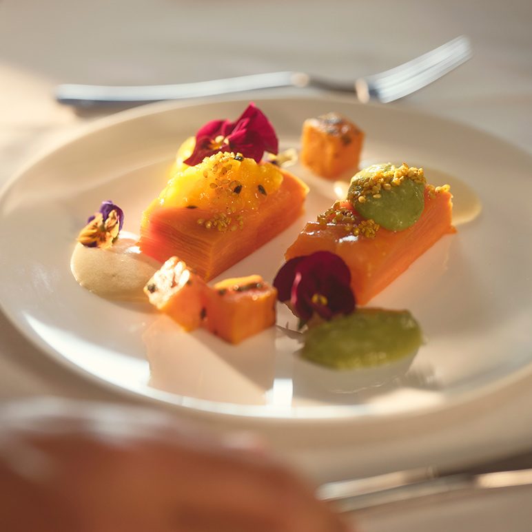 Gourmet dish in First Class with artfully plated salmon, vegetables, and edible flowers