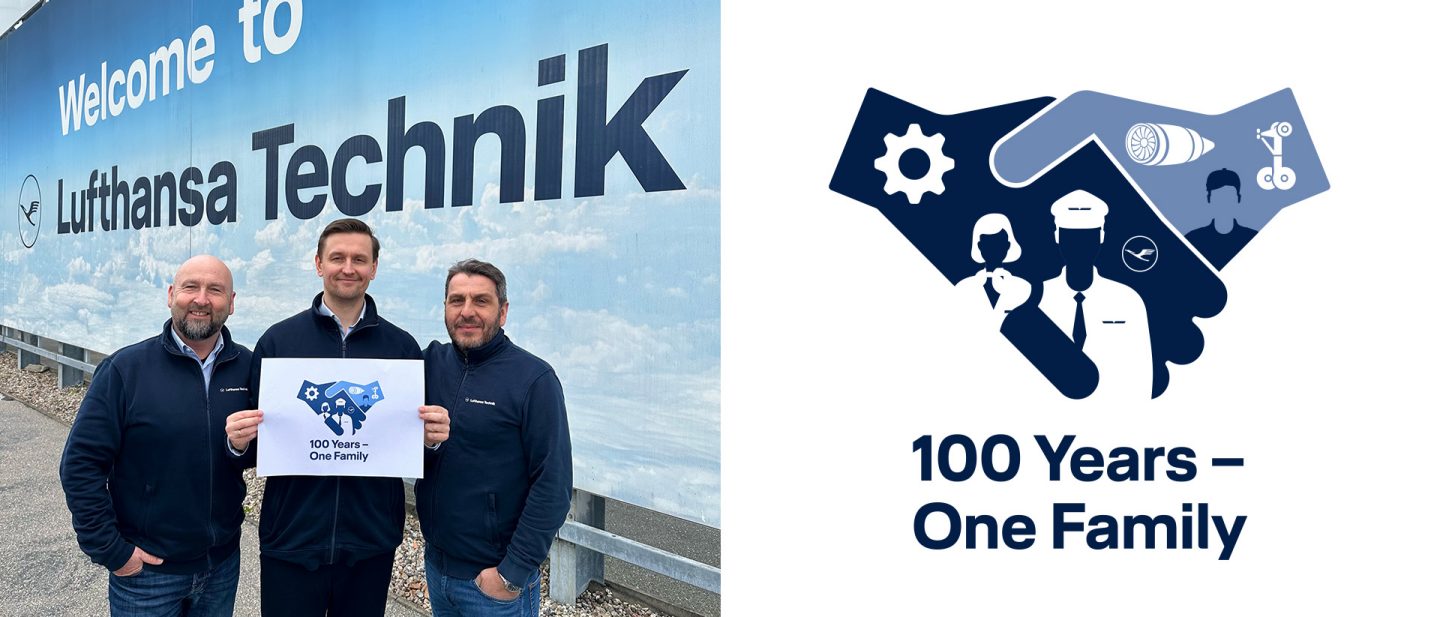 Three men at “Lufthansa Technik” with “100 Years – One Family” poster; beside it, handshake graphic with icons.
