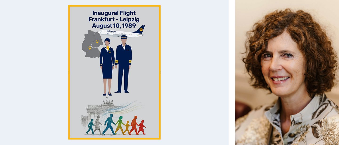 Left: Illustration of people made of puzzle pieces against a sky with airplanes    Right: Portrait of a laughing woman with brown hair outdoors