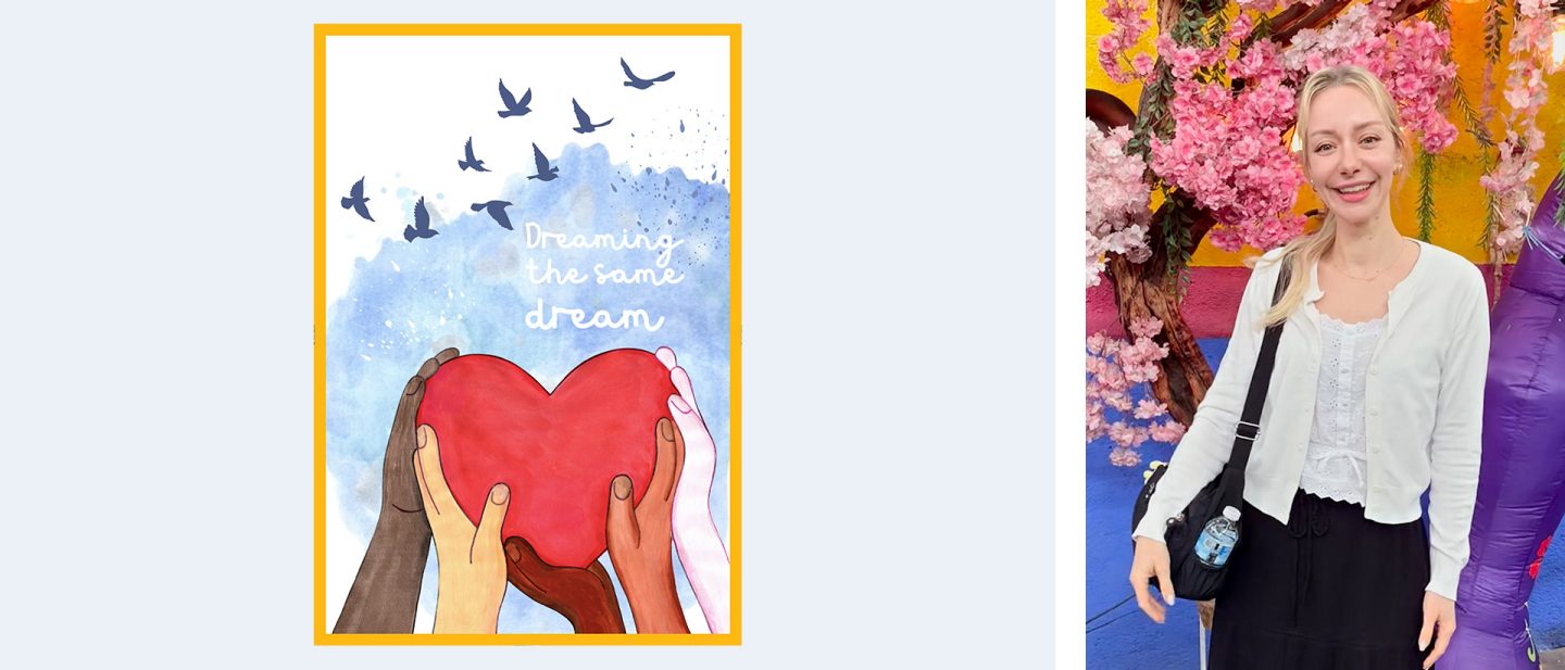 Left: Illustration of people made of puzzle pieces against a sky with airplanes    Right: Portrait of a laughing woman with brown hair outdoors