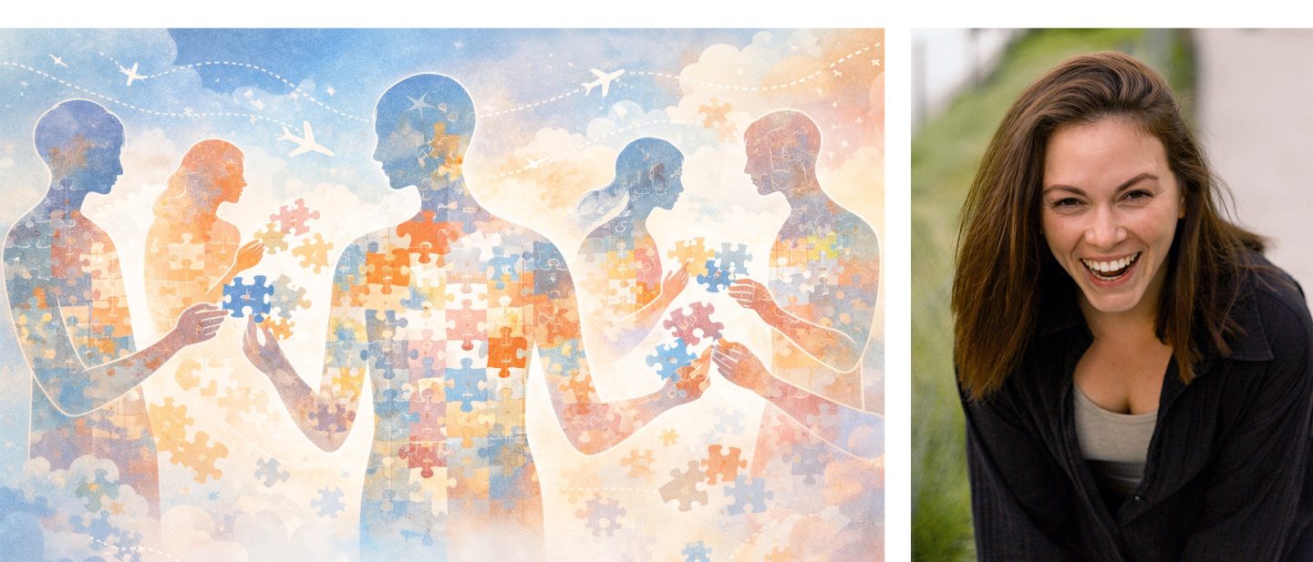 Left: Illustration of people made of puzzle pieces against a sky with airplanes    Right: Portrait of a laughing woman with brown hair outdoors