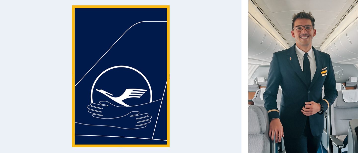 Left: Illustration of two arms embracing the tail fin of a Lufthansa aircraft Right: Smiling man in a Lufthansa uniform inside an aircraft cabin