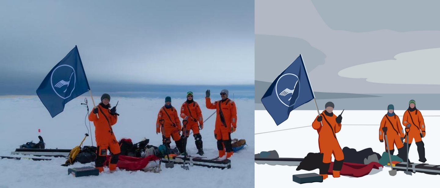 Left: Photo of four people in orange overalls holding a blue flag in the snow  Right: Illustration of the four people in orange overalls with the blue flag in the snow