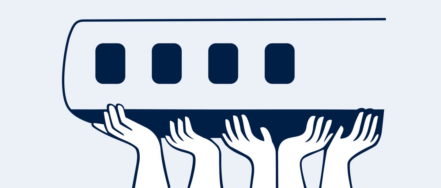 Illustration of multiple hands carrying a stylized airplane fuselage