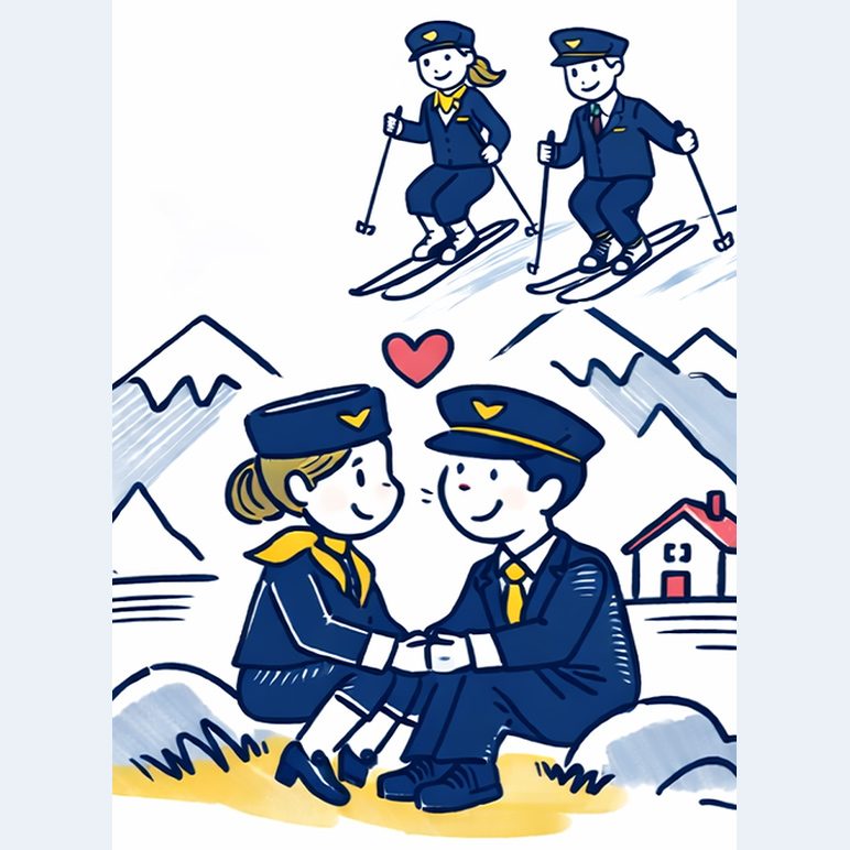 Illustration: Two crew members skiing; below, they sit holding hands in the mountains.
