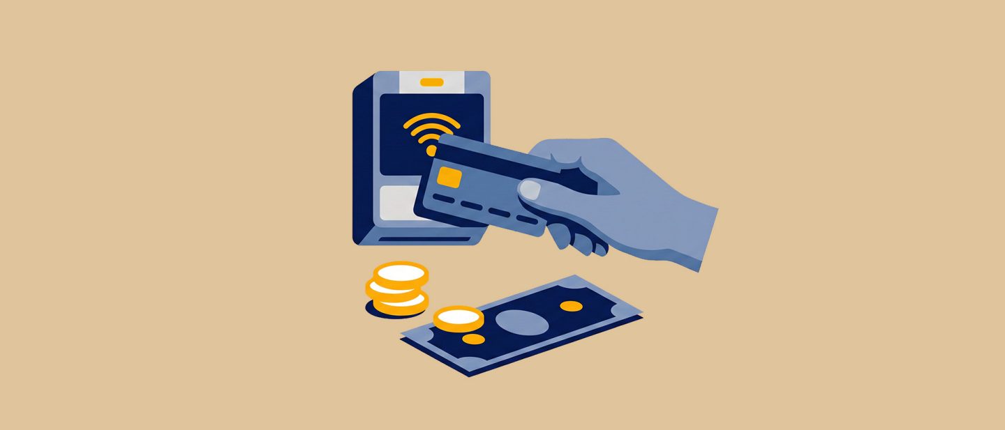 Illustration of a hand holding a credit card for contactless payment with coins and a bill nearby on a beige background.