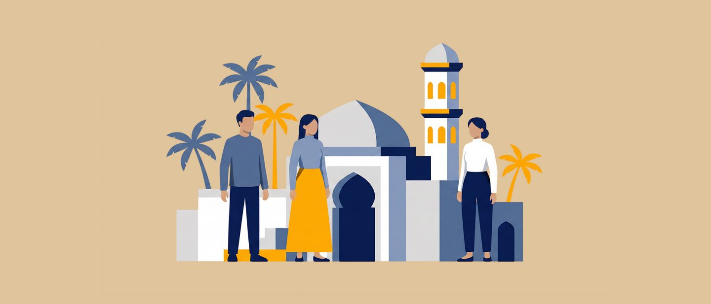 Illustration of three people standing in front of a mosque with palm trees in the background.