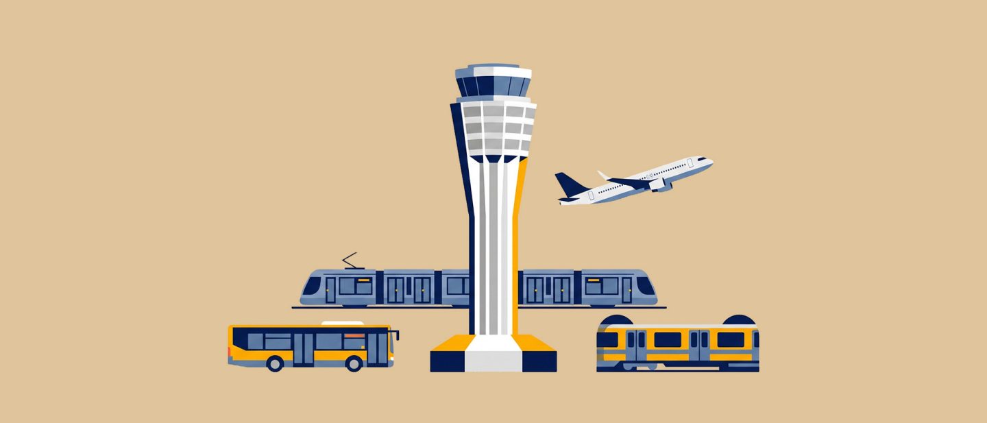 Illustration of an airport control tower with an airplane, train, tram, and bus on a beige background.