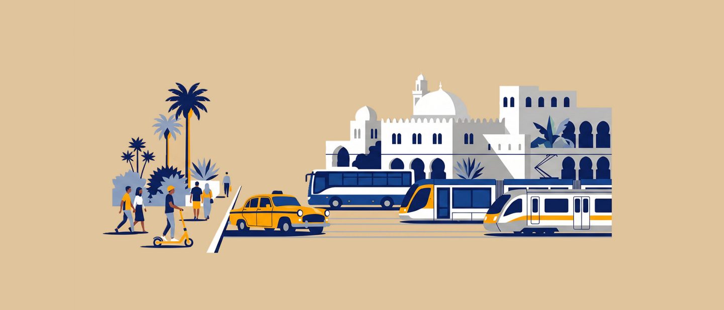 Illustration of a city scene with public transport, pedestrians, palm trees, and Middle Eastern-style buildings.