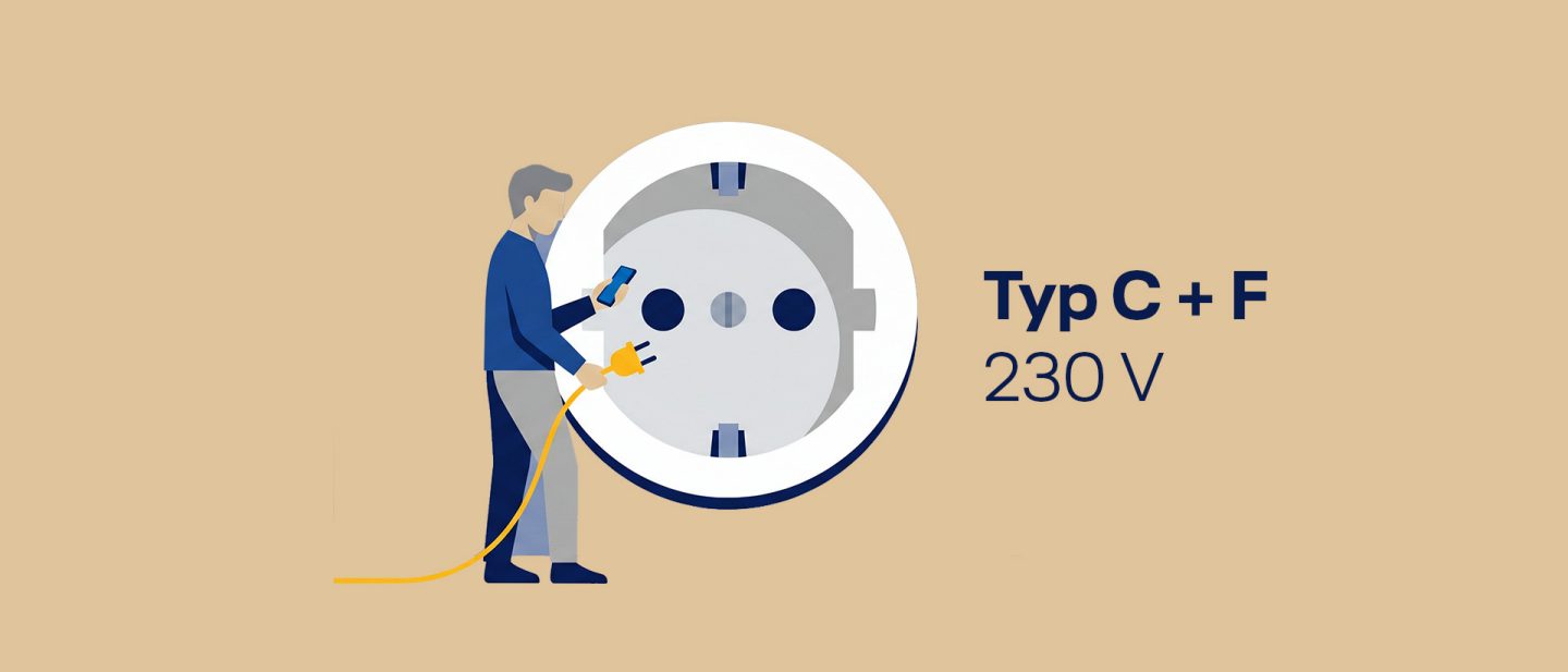 Illustration of a man holding a plug and phone next to a Type C and F 230V electrical socket on a beige background.