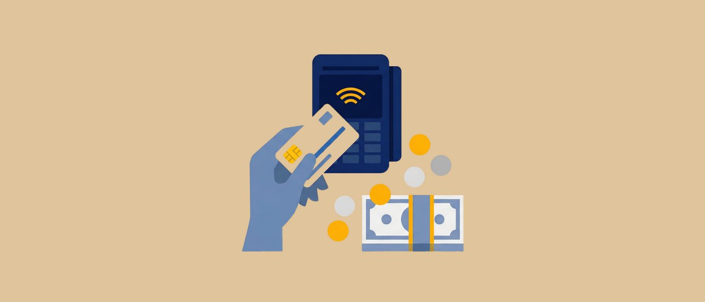 Illustration of a hand making a contactless card payment next to banknotes and coins