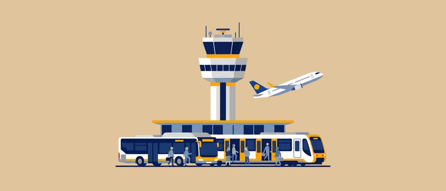 Illustration of an airport with a control tower, a departing plane, and a bus and train with passengers