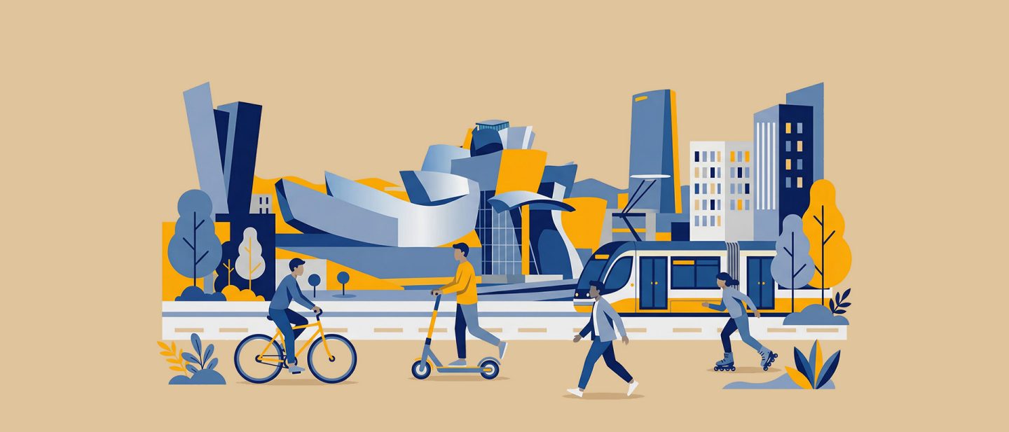 Illustration of a city scene in Bilbao featuring the Guggenheim Museum, a tram, and various modes of transport