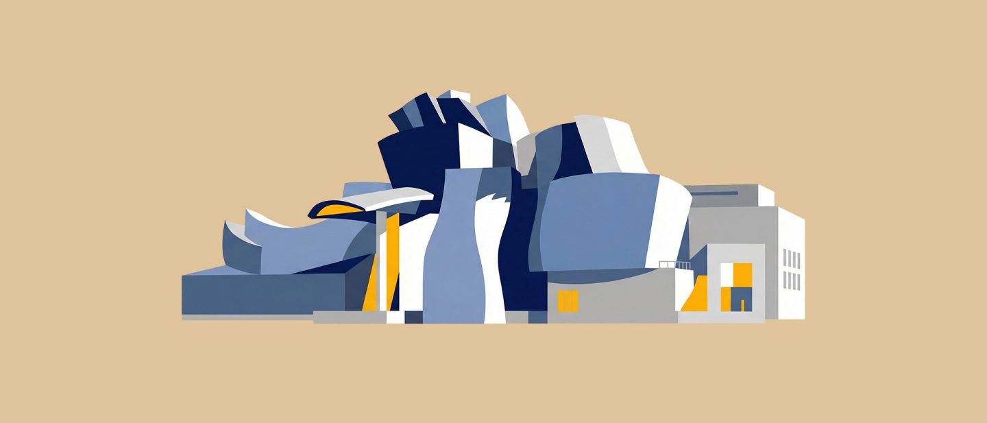 Illustration of a modern building with curved, deconstructivist shapes in blue, white, and yellow