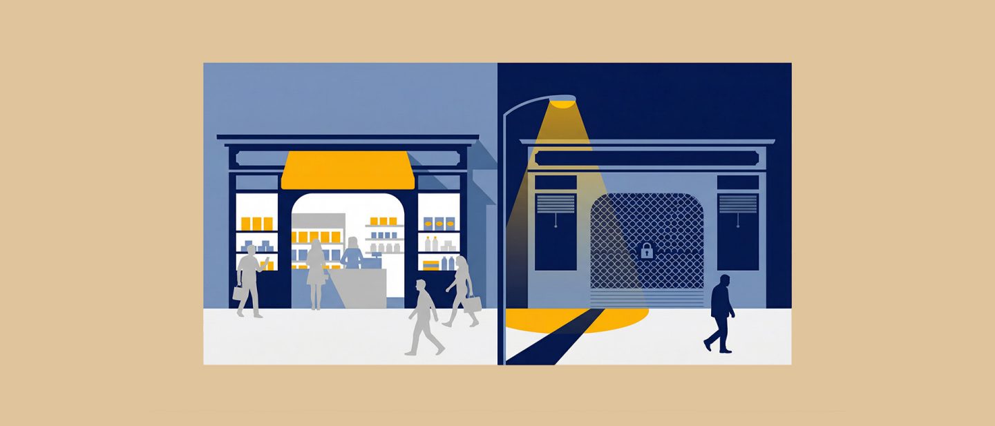 Illustration of a shop from day to night: busy during the day and closed with a security shutter at night