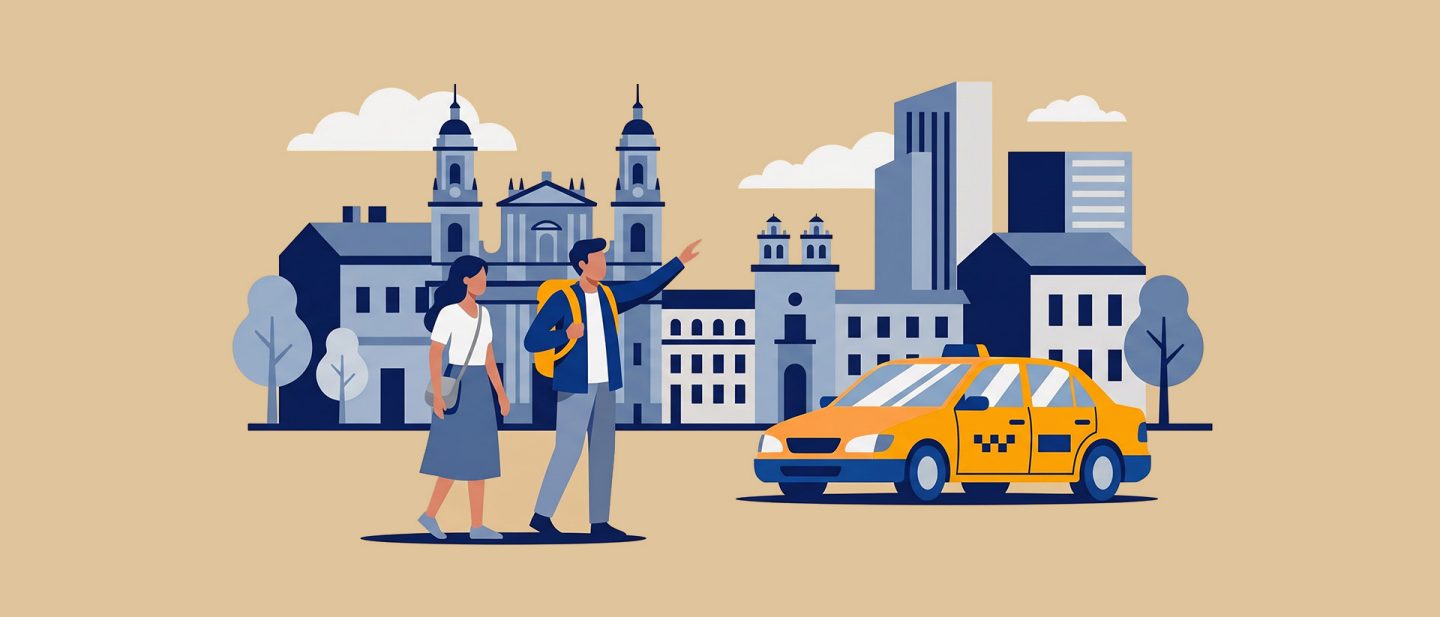 Illustration of tourists hailing a yellow taxi in front of historical and modern city buildings on a beige background.