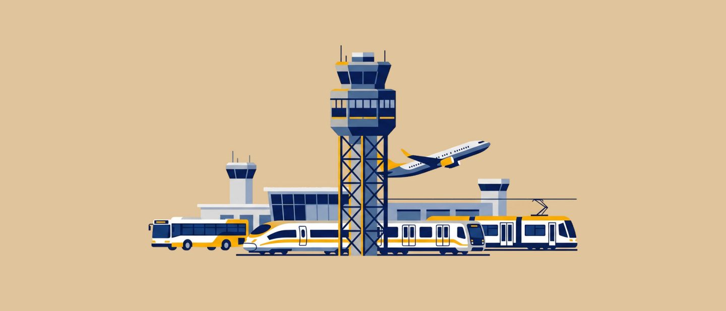 Illustration of an airport control tower with an airplane, trains, tram, and bus in front of the terminal building.